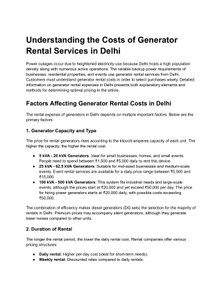 Understanding the Costs of Generator Rental Services in Delhi
