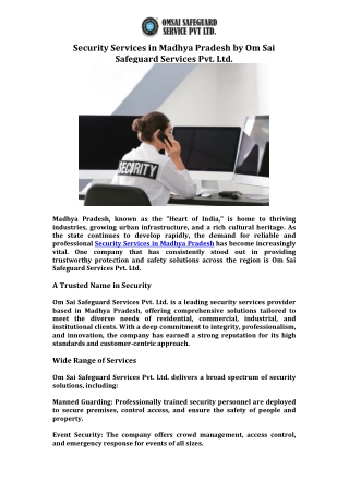 Security Services in Madhya Pradesh by Om Sai Safeguard Services Pvt. Ltd