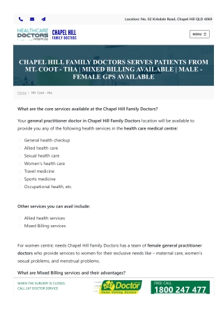 GP Doctors & Medical Centre in Mt. Coot - Tha with Mixed Billing Facility