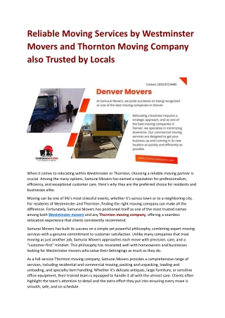 Reliable Moving Services by Westminster Movers and Thornton Moving Company also Trusted by Locals