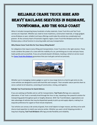 Reliable Crane Truck Hire and Heavy Haulage Services in Brisbane, Toowoomba, and the Gold Coast