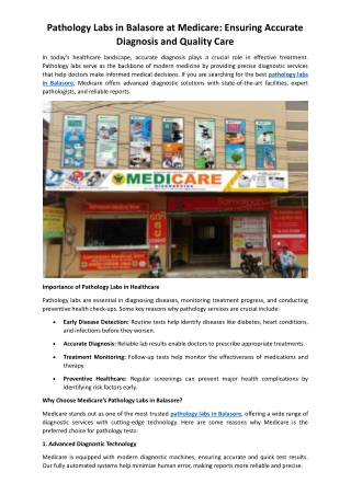 Pathology Labs in Balasore at Medicare: Ensuring Accurate Diagnosis and Quality