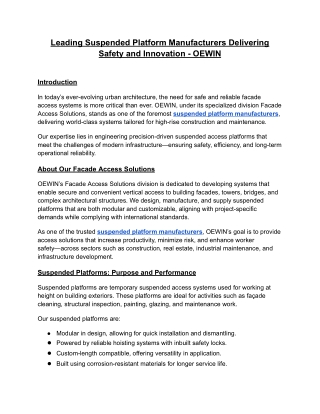Leading Suspended Platform Manufacturers Delivering Safety and Innovation - OEW