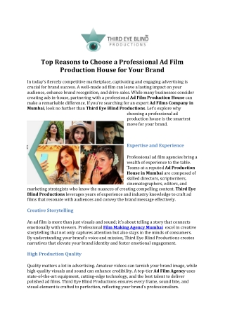 Top Reasons to Choose a Professional Ad Film Production House for Your Brand