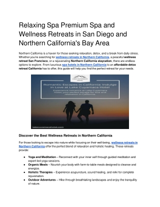 Relaxing Spa Premium Spa and Wellness Retreats in San Diego and Northern California's Bay Area