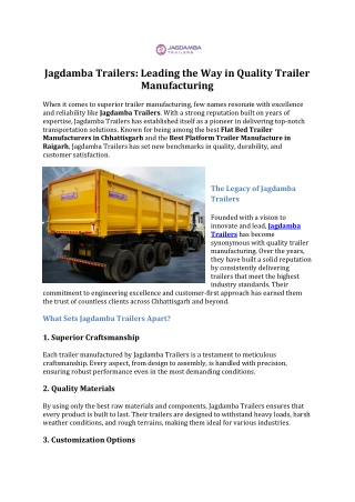 Jagdamba Trailers -Leading the Way in Quality Trailer Manufacturing