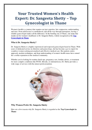 Consult the Top Gynecologist in Thane – Dr. Sangeeta Shetty