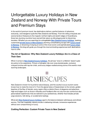 Unforgettable Luxury Holidays in New Zealand and Norway With Private Tours and Premium Stays
