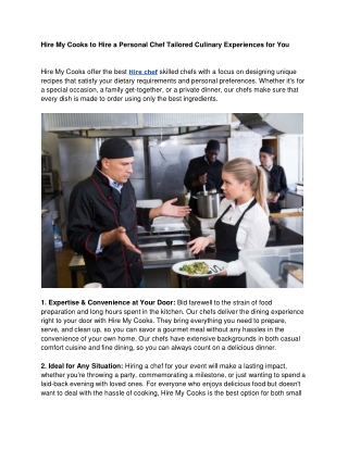 Hire My Cooks to Hire a Personal Chef Tailored Culinary Experiences for You