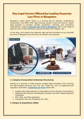 Key Legal Services Offered by Leading Corporate Law Firms in Bangalore