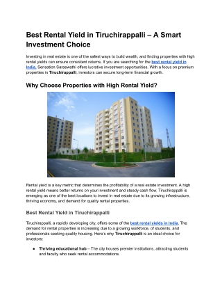 Best Rental Yield in Tiruchirappalli – A Smart Investment Choice