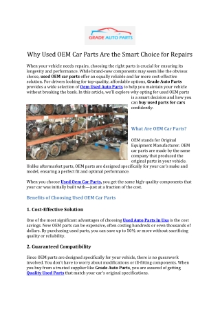 Why Used OEM Car Parts Are the Smart Choice for Repairs
