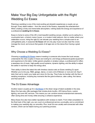 Make Your Big Day Unforgettable with the Right Wedding DJ Essex