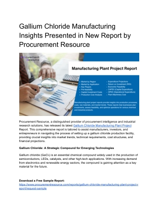 Gallium Chloride Manufacturing Insights Presented in New Report by Procurement Resource