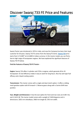 Discover Swaraj 733 FE Price and Features