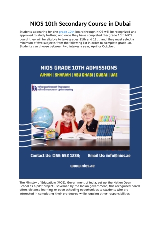 NIOS 10th Secondary Course in Dubai