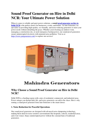 Sound Proof Generator on Hire in Delhi NCR