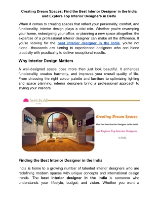 Creating Dream Spaces: Find the Best Interior Designer in the India and Explore