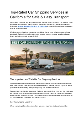 Top-Rated Car Shipping Services in California for Safe & Easy Transport