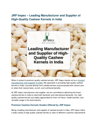 Leading Manufacturer and Supplier of High-Quality Cashew Kernels in India