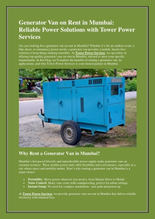 Generator Van on Rent in Mumbai