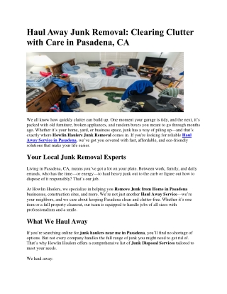 Haul Away Junk Removal Clearing Clutter with Care in Pasadena, CA