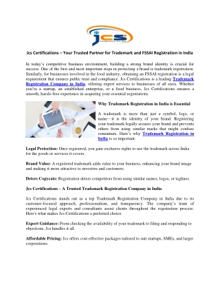 Jcs Certifications – Your Trusted Partner for Trademark and FSSAI Registration in India