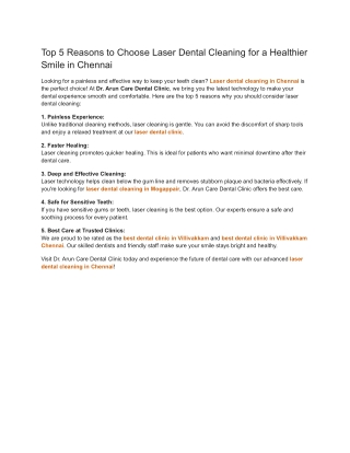 Top 5 Reasons to Choose Laser Dental Cleaning for a Healthier Smile in Chennai