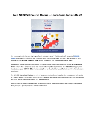 Join NEBOSH Course Online – Learn from India’s Best!