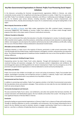 Key Non-Governmental Organizations in Chennai: Prajha Trust Pioneering Social Im
