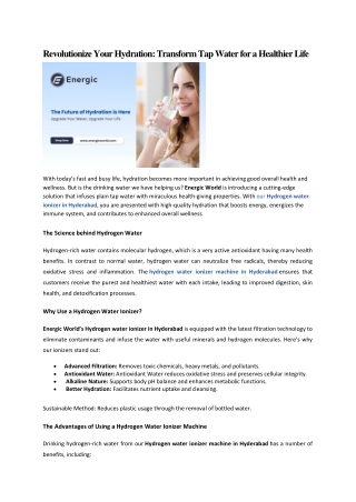 Hydrogen Water Ionizer in Hyderabad - Energicworld