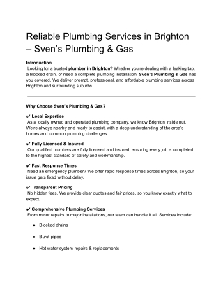 Reliable Plumbing Services in Brighton – Sven’s Plumbing & Gas