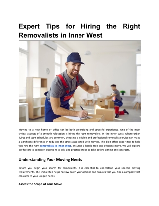 Expert Tips for Hiring the Right Removalists in Inner West