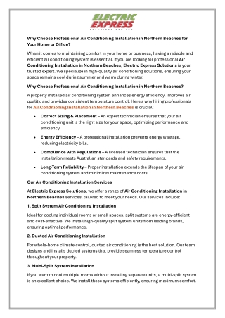 Why Choose Professional Air Conditioning Installation in Northern Beaches for Your Home or Office