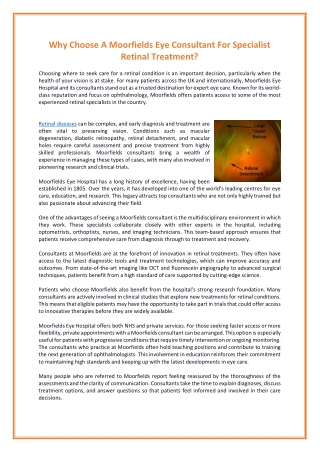 Why Choose A Moorfields Eye Consultant For Specialist Retinal Treatment