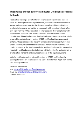 INTERNATIONAL FOOD SAFETY TRAININGS IN KERALA