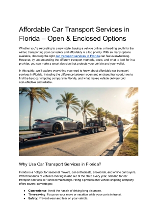 Affordable Car Transport Services in Florida – Open & Enclosed Options