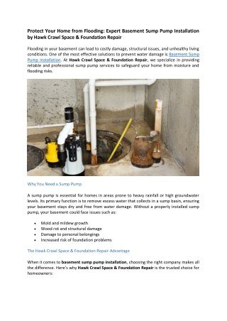 Protect Your Home from Flooding- Expert Basement Sump Pump Installation by Hawk Crawl Space & Foundation Repair