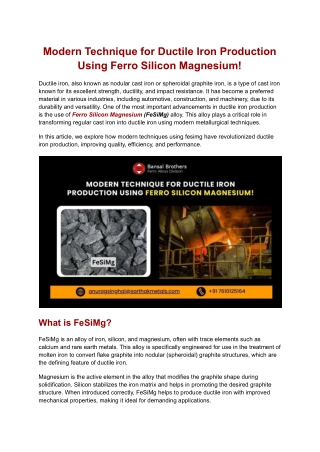 Modern Technique for Ductile Iron Production Using Ferro Silicon Magnesium!