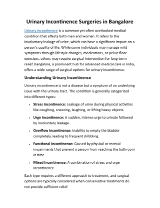 Urinary Incontinence Surgeries in Bangalore