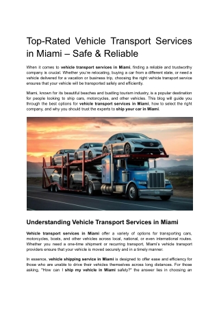 Top-Rated Vehicle Transport Services in Miami – Safe & Reliable
