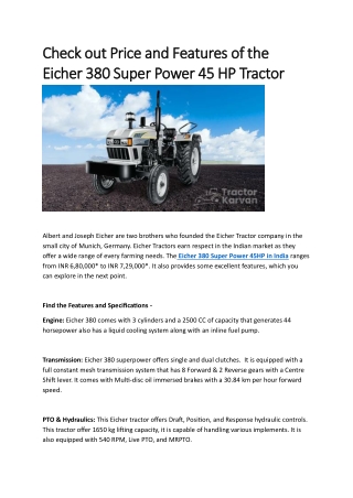 Check out Price and Features of the Eicher 380 Super Power 45 HP Tractor