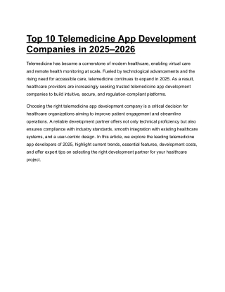 Top 10 Telemedicine App Development Companies in 2025–2026