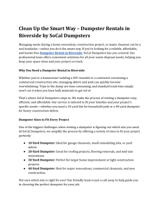Clean Up the Smart Way – Dumpster Rentals in Riverside by SoCal Dumpsters