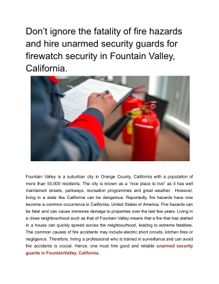 Don’t ignore the fatality of fire hazards and hire unarmed security guards for firewatch security in Fountain Valley, Ca