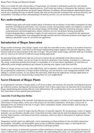 Biogas Plant Kingdoms: Design and Procedure Insights