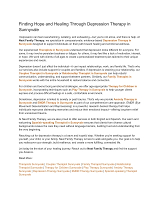 Finding Hope and Healing Through Depression Therapy in Sunnyvale