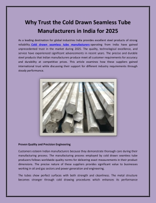 Why Trust the Cold Drawn Seamless Tube Manufacturers in India for 2025