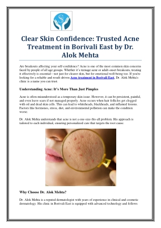 Top Dermatologist for Acne Treatment in Borivali East – Dr. Alok Mehta