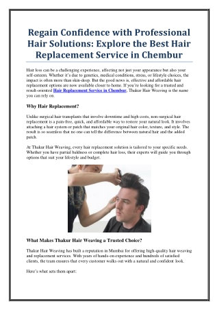 Rediscover Confidence with Hair Replacement Service in Chembur by Thakur Hair We
